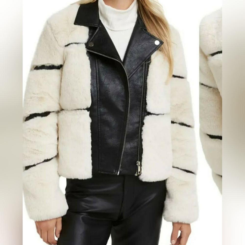 River Island Faux Fur Jacket- Cream and Black